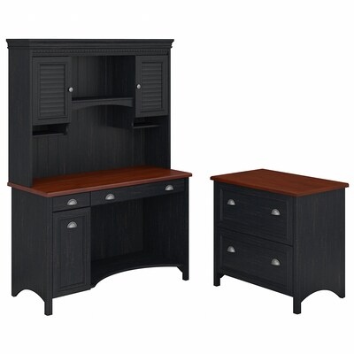 Bush Furniture Fairview 48W Computer Desk with Hutch and 2 Drawer Lateral File Cabinet, Antique Black/Hansen Cherry (STF006AB)