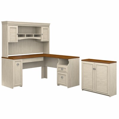 Bush Furniture Fairview 60W L Shaped Desk with Hutch and Small Storage Cabinet, Antique White/Tea Ma