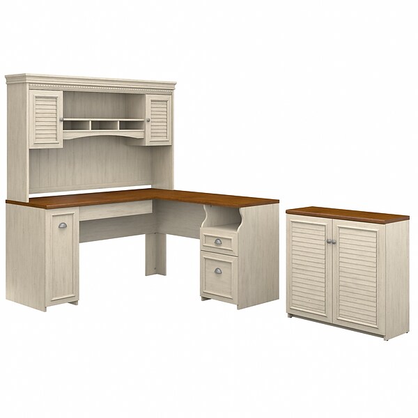 Bush Furniture Fairview 60W L Shaped Desk with Hutch and Small Storage Cabinet, Antique White/Tea Maple (FV012AW)