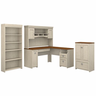 Bush Furniture Fairview 60W L Shaped Desk with Hutch, Storage Cabinet with Drawer and 5 Shelf Bookcase, Antique White (FV011AW)