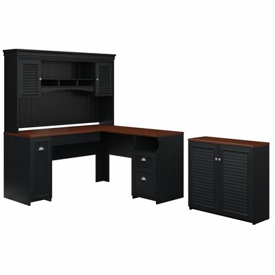 Bush Furniture Fairview 60W L Shaped Desk with Hutch and Small Storage Cabinet, Antique Black/Hansen Cherry (FV012AB)