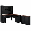 Bush Furniture Fairview 60W L Shaped Desk with Hutch and Small Storage Cabinet, Antique Black/Hansen