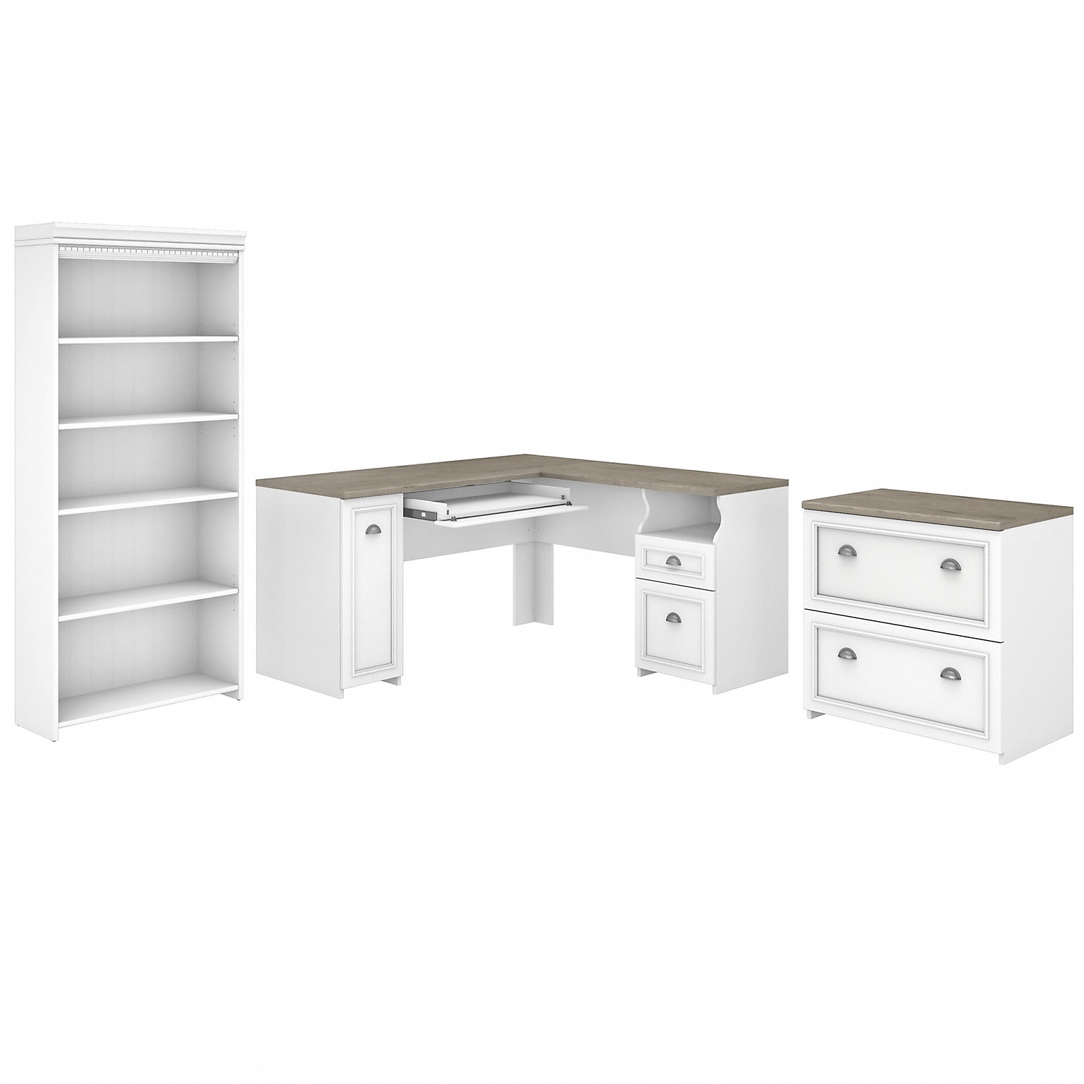 Bush Furniture Fairview 60W L Shaped Desk with Lateral File Cabinet and 5 Shelf Bookcase, Shiplap Gray/Pure White (FV008G2W)