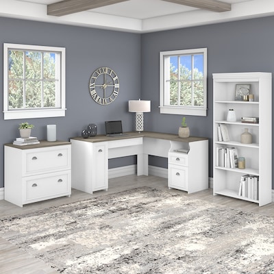 Bush Furniture Fairview 60"W L Shaped Desk with Lateral File Cabinet and 5 Shelf Bookcase, Shiplap Gray/Pure White (FV008G2W)