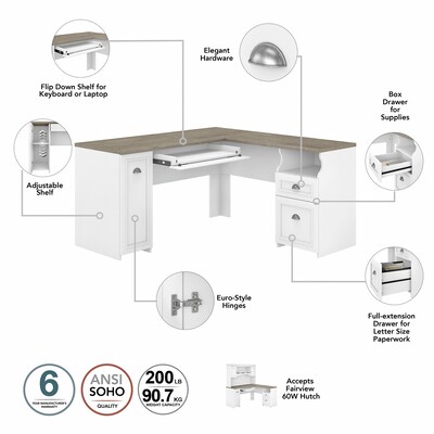 Bush Furniture Fairview 60"W L Shaped Desk with Lateral File Cabinet and 5 Shelf Bookcase, Shiplap Gray/Pure White (FV008G2W)