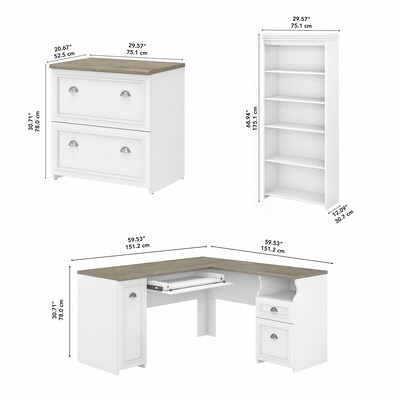 Bush Furniture Fairview 60"W L Shaped Desk with Lateral File Cabinet and 5 Shelf Bookcase, Shiplap Gray/Pure White (FV008G2W)