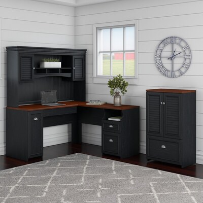 Bush Furniture Fairview 60"W L Shaped Desk with Hutch and Storage Cabinet w/ File Drw, Antique Black/Hansen Cherry (FV010AB)