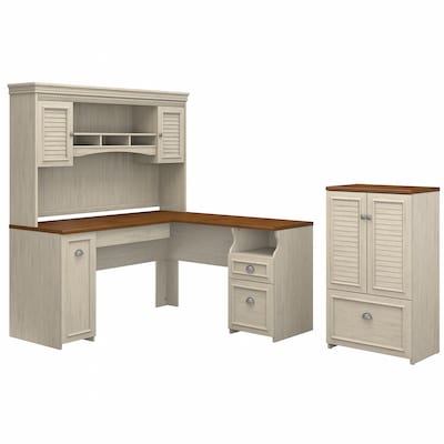 Bush Furniture Fairview 60W L Shaped Desk with Hutch and Storage Cabinet with File Drawer, Antique