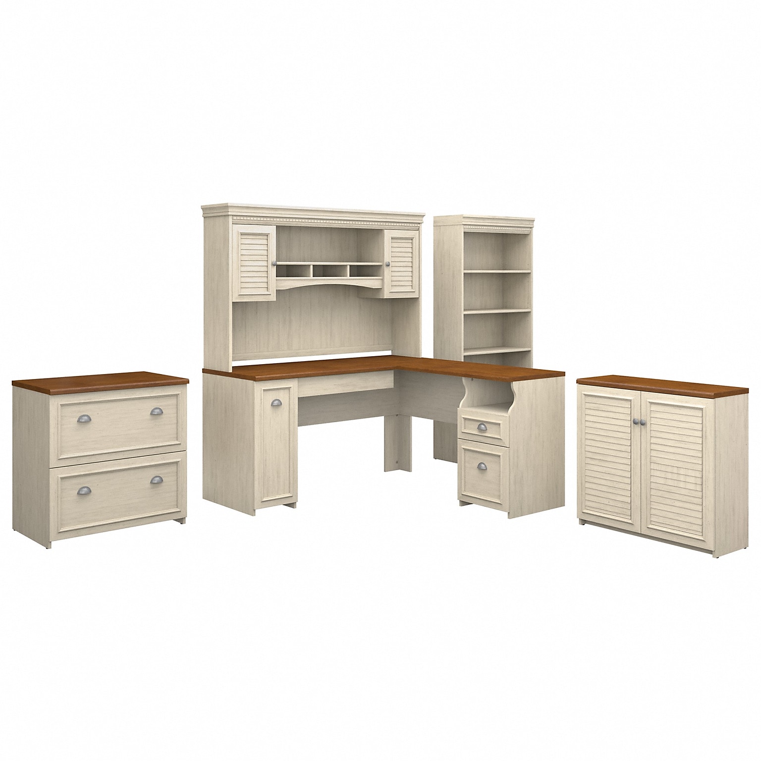 Bush Furniture Fairview 60W L Shaped Desk with Hutch, File Cabinet, Bookcase and Storage, Antique White/Tea Maple (FV013AW)