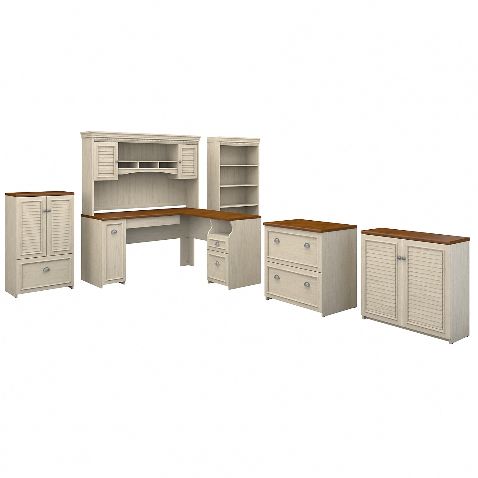 Bush Furniture Fairview 60W L Shaped Desk with Hutch, Bookcase, Storage and File Cabinets, Antique White/Tea Maple (FV014AW)