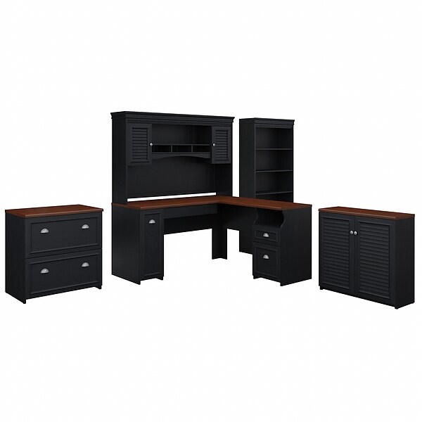 Bush Furniture Fairview 60W L Shaped Desk with Hutch, Storage Cabinets and 5 Shelf Bookcase, Antique Black (FV013AB)