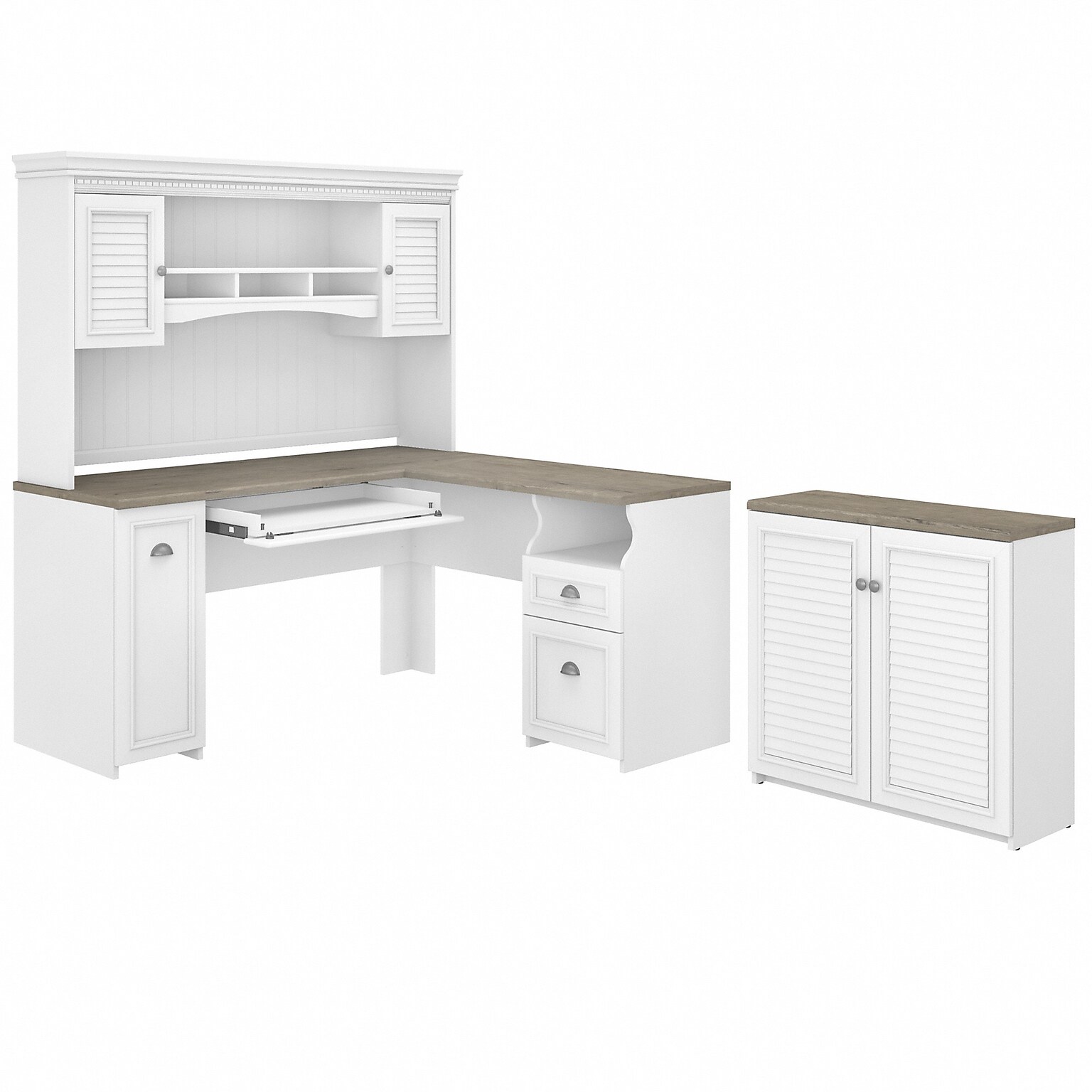 Bush Furniture Fairview 60 L-Shaped Desk with Hutch and Small Storage Cabinet, Shiplap Gray/Pure White (FV012G2W)