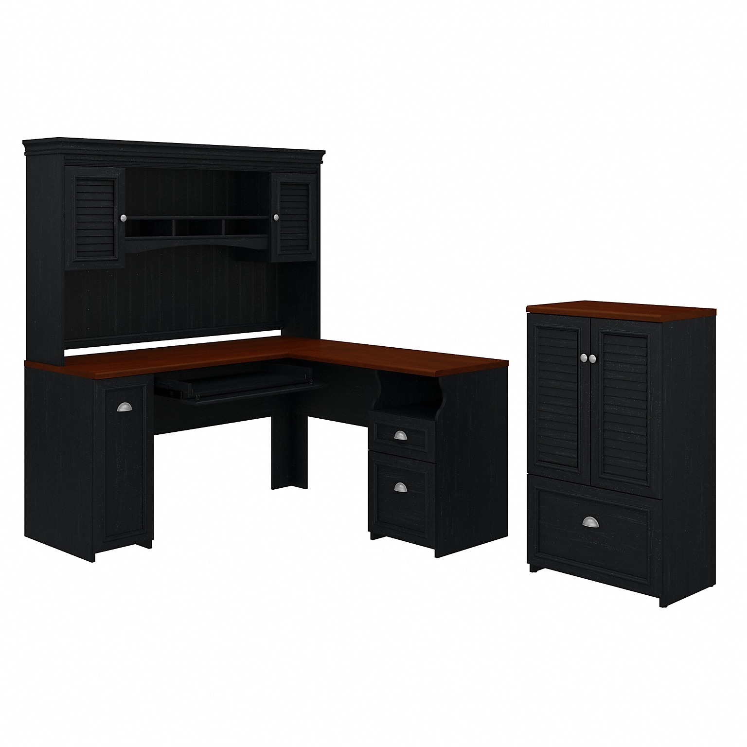 Bush Furniture Fairview 60W L Shaped Desk with Hutch and Storage Cabinet w/ File Drw, Antique Black/Hansen Cherry (FV010AB)
