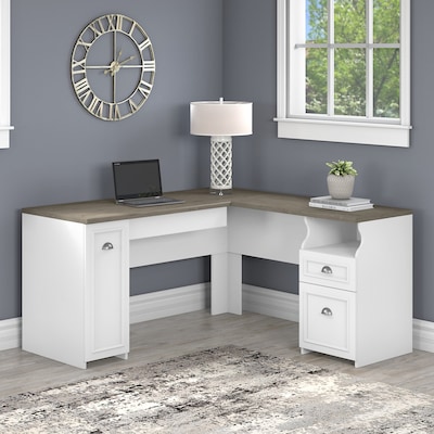 Bush Furniture Fairview 60W L Shaped Desk with Drawers and Storage Cabinet, Shiplap Gray/Pure White
