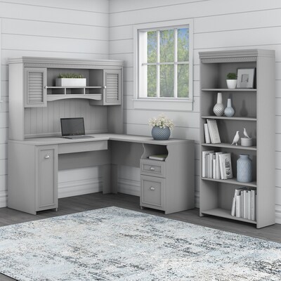 Bush Furniture Fairview 60"W L Shaped Desk with Hutch and 5 Shelf Bookcase, Cape Cod Gray (FV005CG)