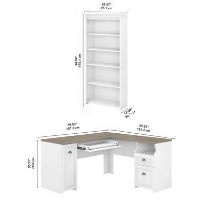 Bush Furniture Fairview 60" L-Shaped Desk with 5-Shelf Bookcase, Shiplap Gray/Pure White (FV007G2W)