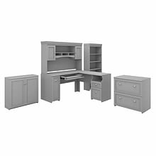 Bush Furniture Fairview 60W L Shaped Desk with Hutch, File Cabinet, Bookcase and Storage, Cape Cod
