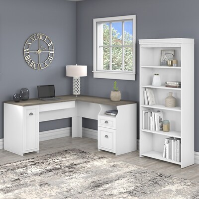 Bush Furniture Fairview 60 L-Shaped Desk with 5-Shelf Bookcase, Shiplap Gray/Pure White (FV007G2W)