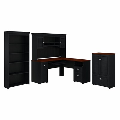 Bush Furniture Fairview 60" L-Shaped Desk with Hutch, 5-Shelf Bookcase and Storage, Antique Black/Hansen Cherry (FV011AB)