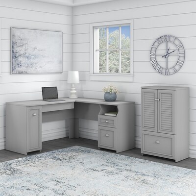 Bush Furniture Fairview 60W L Shaped Desk and 2 Door Storage Cabinet with File Drawer, Cape Cod Gra