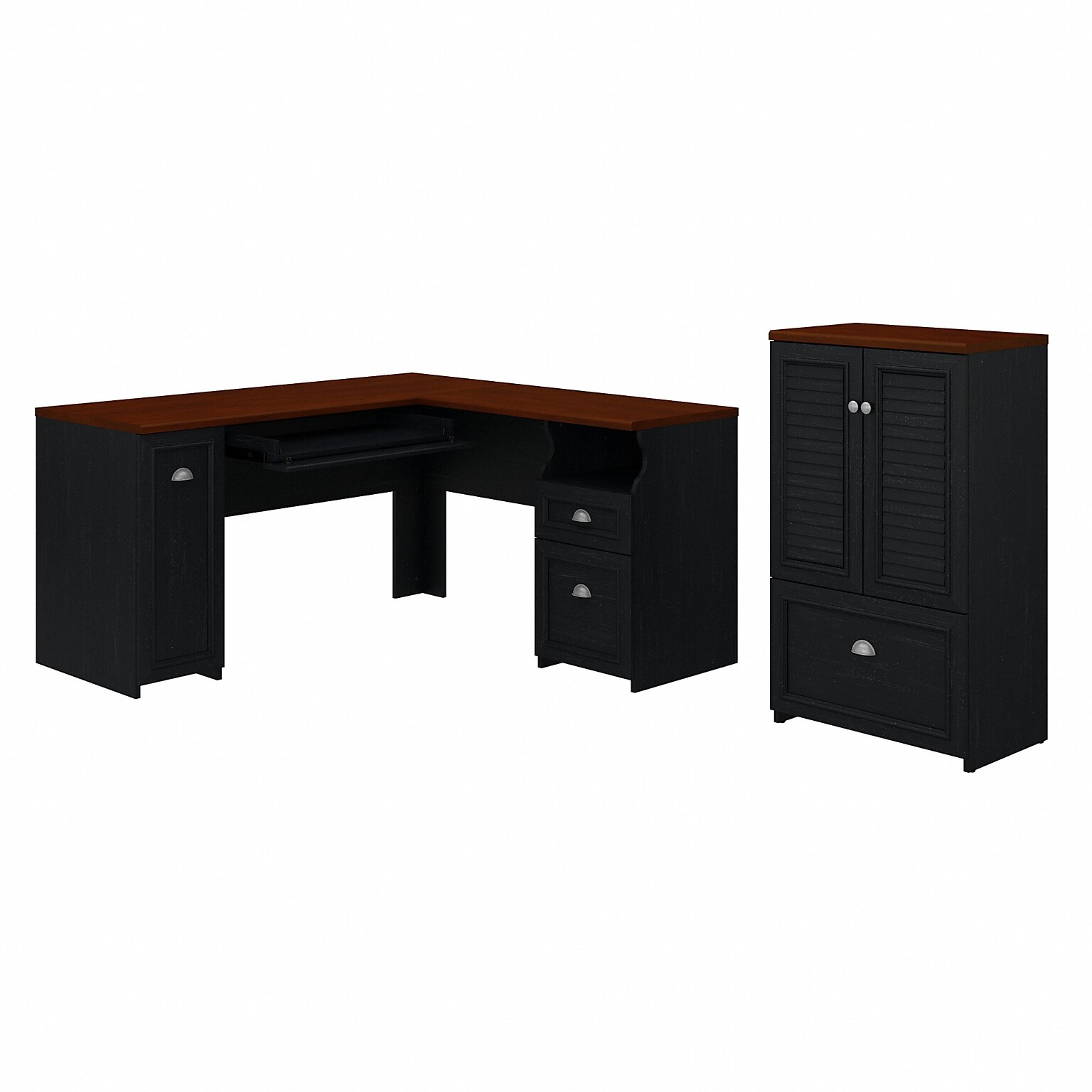 Bush Furniture Fairview 60 L-Shaped Desk and 2-Door Storage Cabinet with File Drawer, Antique Black/Hansen Cherry (FV009AB)
