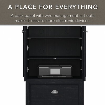 Bush Furniture Fairview 60" L-Shaped Desk and 2-Door Storage Cabinet with File Drawer, Antique Black/Hansen Cherry (FV009AB)