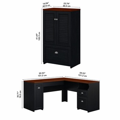 Bush Furniture Fairview 60" L-Shaped Desk and 2-Door Storage Cabinet with File Drawer, Antique Black/Hansen Cherry (FV009AB)