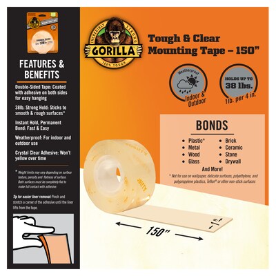 Gorilla Tough & Clear Double-Sided Mounting Tape, 1" x 150", Clear (6036002)