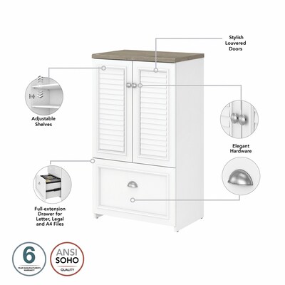 Bush Furniture Fairview 60"W L Shaped Desk with Hutch and Storage Cabinet with File Drawer, Shiplap Gray/Pure White (FV010G2W)