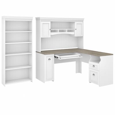 Bush Furniture Fairview 60 L-Shaped Desk with Hutch and 5-Shelf Bookcase, Shiplap Gray/Pure White (