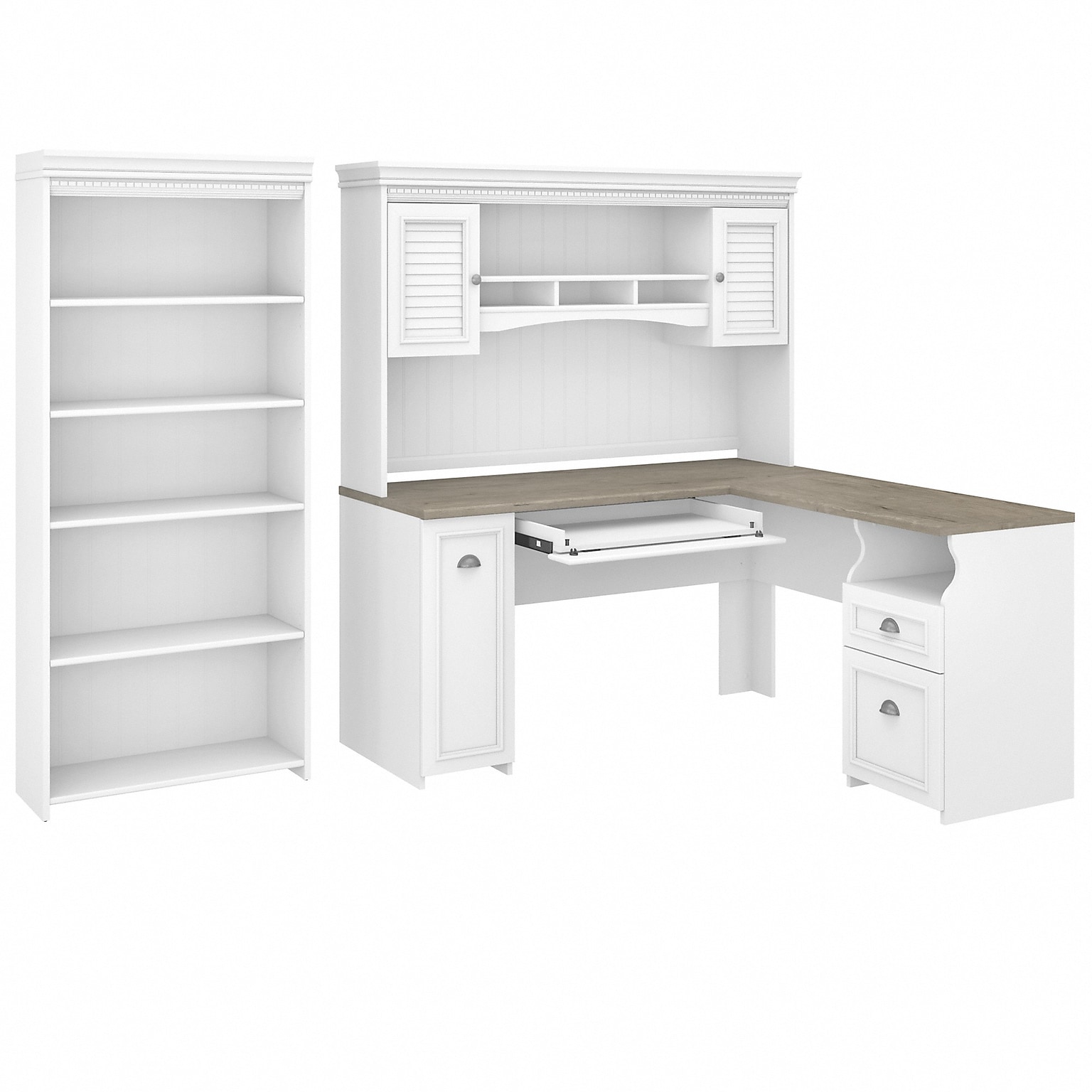 Bush Furniture Fairview 60 L-Shaped Desk with Hutch and 5-Shelf Bookcase, Shiplap Gray/Pure White (FV005G2W)