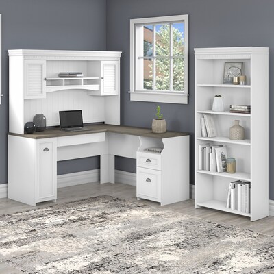 Bush Furniture Fairview 60" L-Shaped Desk with Hutch and 5-Shelf Bookcase, Shiplap Gray/Pure White (FV005G2W)
