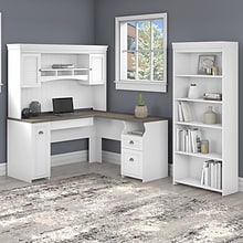 Bush Furniture Fairview 60 L-Shaped Desk with Hutch and 5-Shelf Bookcase, Shiplap Gray/Pure White (