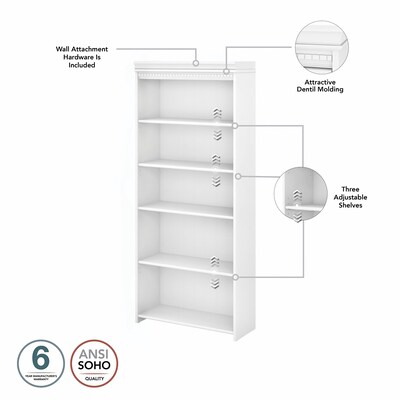 Bush Furniture Fairview 60" L-Shaped Desk with Hutch and 5-Shelf Bookcase, Shiplap Gray/Pure White (FV005G2W)