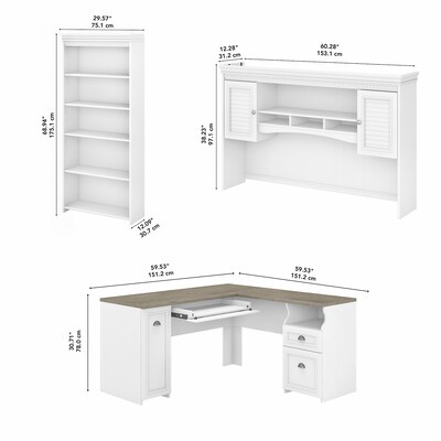 Bush Furniture Fairview 60" L-Shaped Desk with Hutch and 5-Shelf Bookcase, Shiplap Gray/Pure White (FV005G2W)