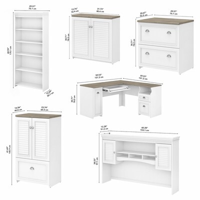 Bush Furniture Fairview 60" L-Shaped Desk with Hutch, Bookcase, Storage and File Cabinets, Shiplap Gray/Pure White (FV014G2W)