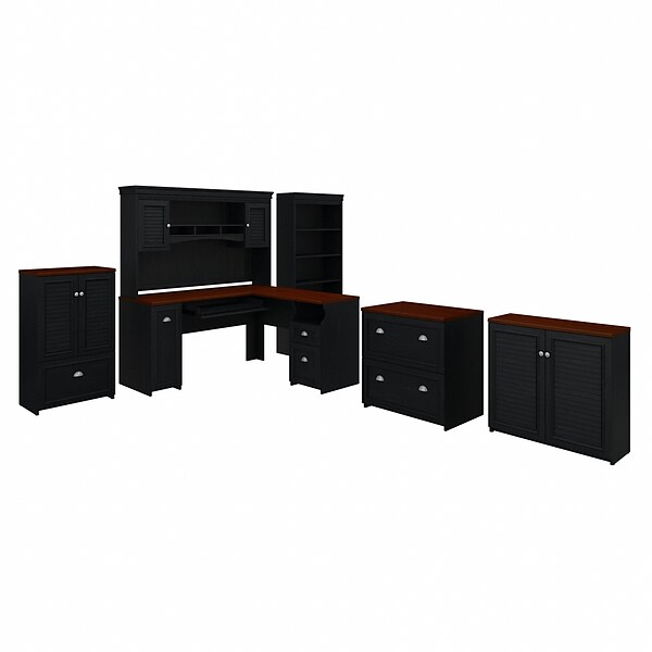Bush Furniture Fairview 60 L-Shaped Desk with Hutch, Bookcase, Storage, File Cabinets, Antique Black/Hansen Cherry (FV014AB)