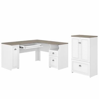 Bush Furniture Fairview 60W L Shaped Desk and 2 Door Storage Cabinet with File Drawer, Shiplap Gray