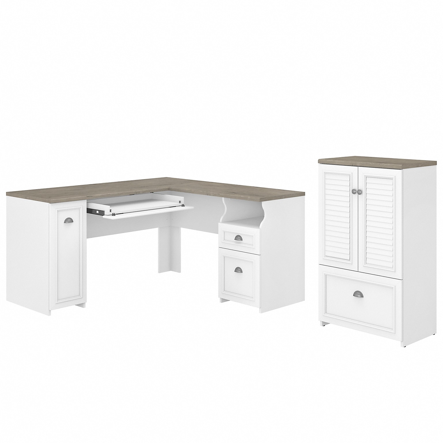 Bush Furniture Fairview 60W L Shaped Desk and 2 Door Storage Cabinet with File Drawer, Shiplap Gray/Pure White (FV009G2W)
