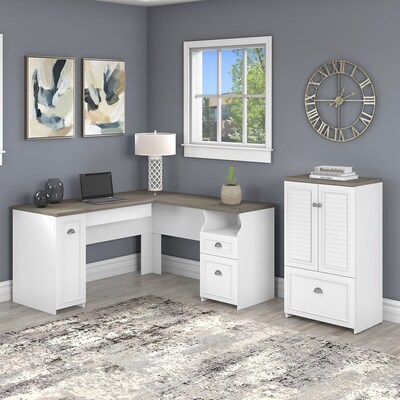 Bush Furniture Fairview 60W L Shaped Desk and 2 Door Storage Cabinet with File Drawer, Shiplap Gray