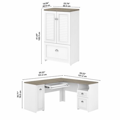 Bush Furniture Fairview 60"W L Shaped Desk and 2 Door Storage Cabinet with File Drawer, Shiplap Gray/Pure White (FV009G2W)