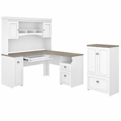 Bush Furniture Fairview 60W L Shaped Desk with Hutch and Storage Cabinet with File Drawer, Shiplap