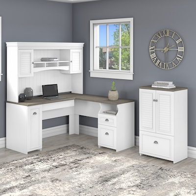 Bush Furniture Fairview 60W L Shaped Desk with Hutch and Storage Cabinet with File Drawer, Shiplap