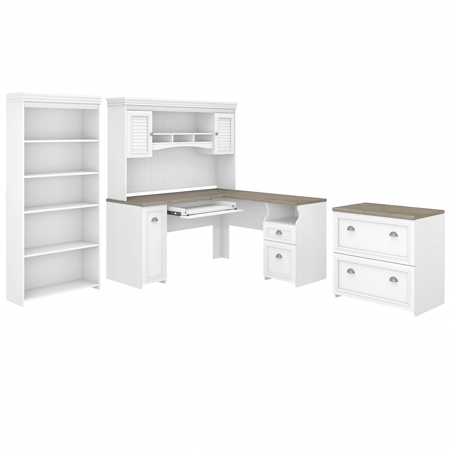 Bush Furniture Fairview 60W L Shaped Desk with Hutch, Lat File Cabinet and 5 Shelf Bookcase, Shiplap Gray/Pure White (FV006G2W)