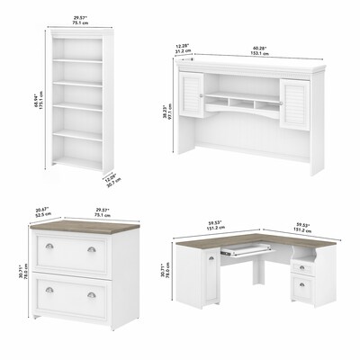 Bush Furniture Fairview 60"W L Shaped Desk with Hutch, Lat File Cabinet and 5 Shelf Bookcase, Shiplap Gray/Pure White (FV006G2W)