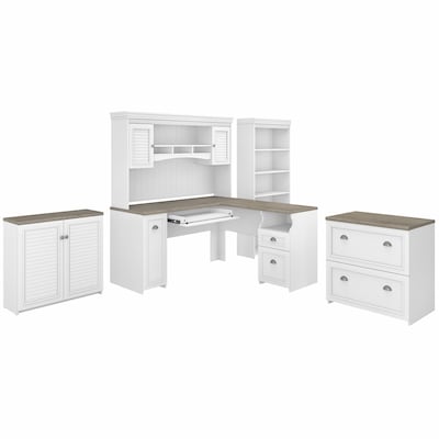 Bush Furniture Fairview 60 L-Shaped Desk with Hutch, File Cabinet, Bookcase and Storage, Shiplap Gr