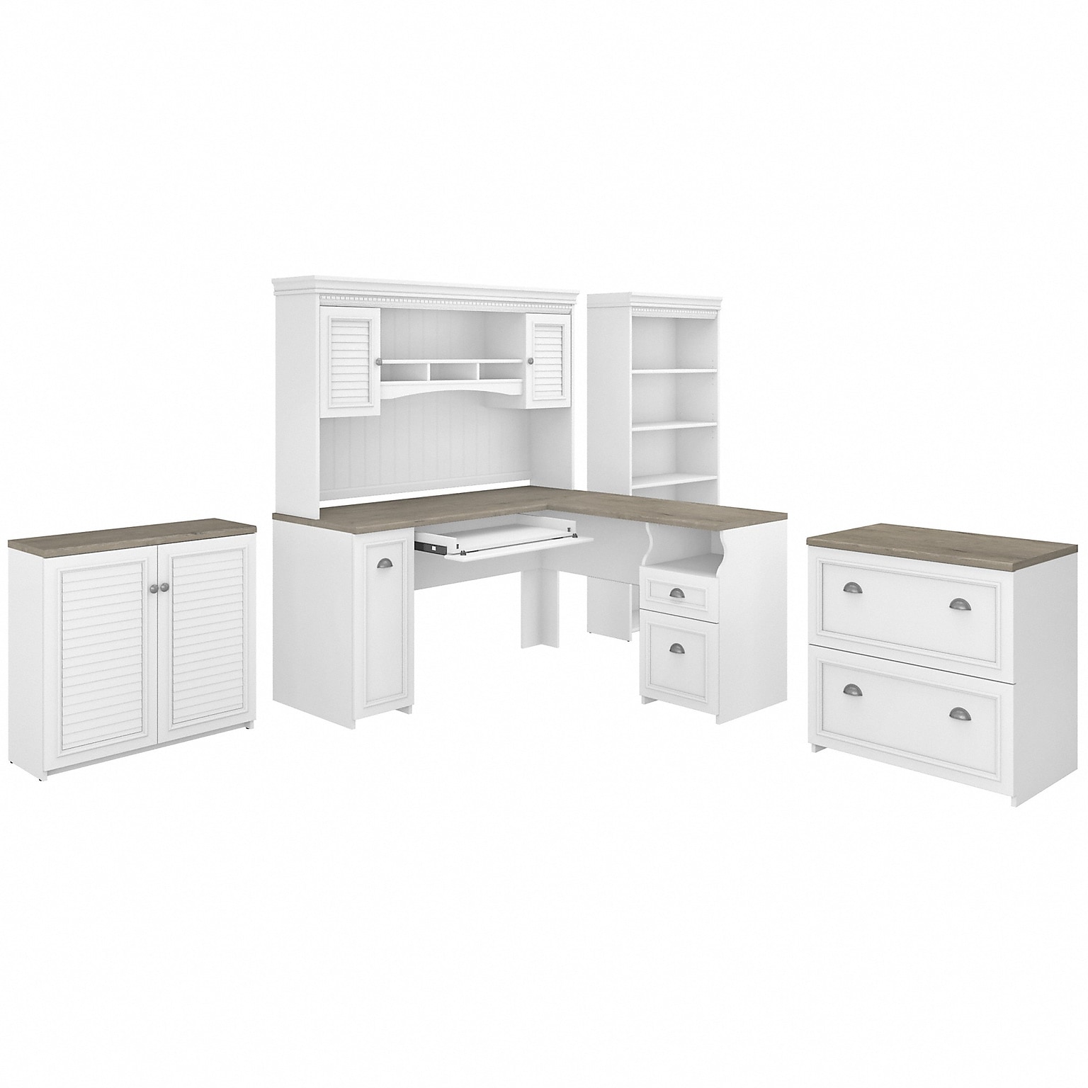 Bush Furniture Fairview 60 L-Shaped Desk with Hutch, File Cabinet, Bookcase and Storage, Shiplap Gray/Pure White (FV013G2W)