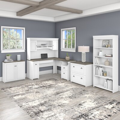 Bush Furniture Fairview 60" L-Shaped Desk with Hutch, File Cabinet, Bookcase and Storage, Shiplap Gray/Pure White (FV013G2W)