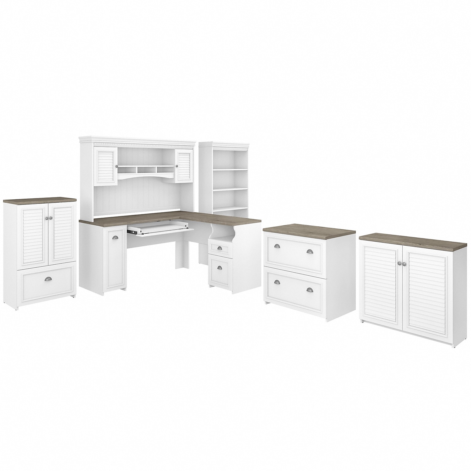 Bush Furniture Fairview 60W L Shaped Desk with Hutch, Bookcase, Storage and File Cabinets, Shiplap Gray/Pure White (FV014G2W)
