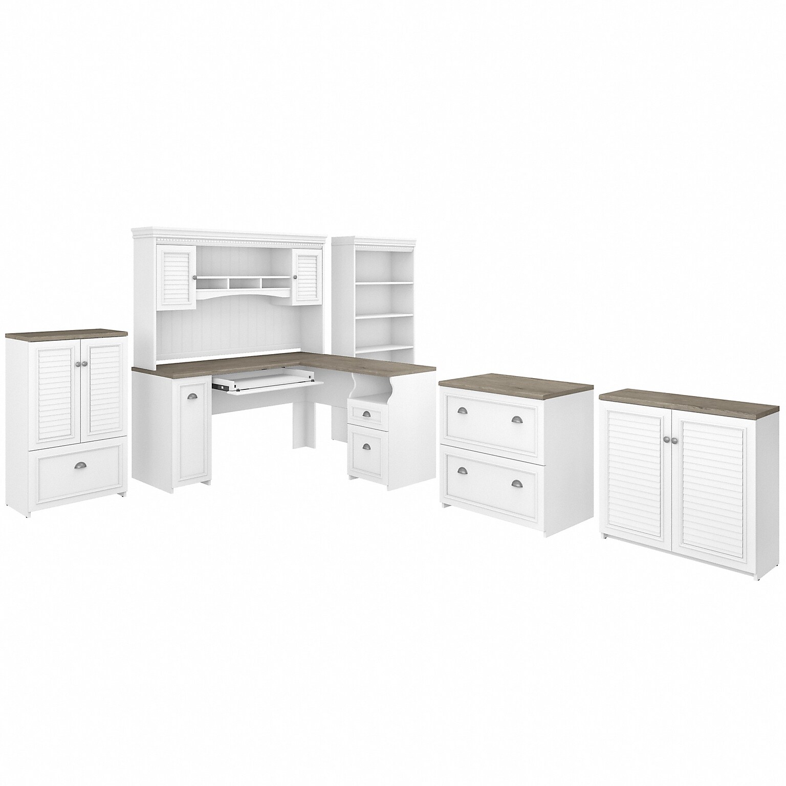 Bush Furniture Fairview 60 L-Shaped Desk with Hutch, Bookcase, Storage and File Cabinets, Shiplap Gray/Pure White (FV014G2W)